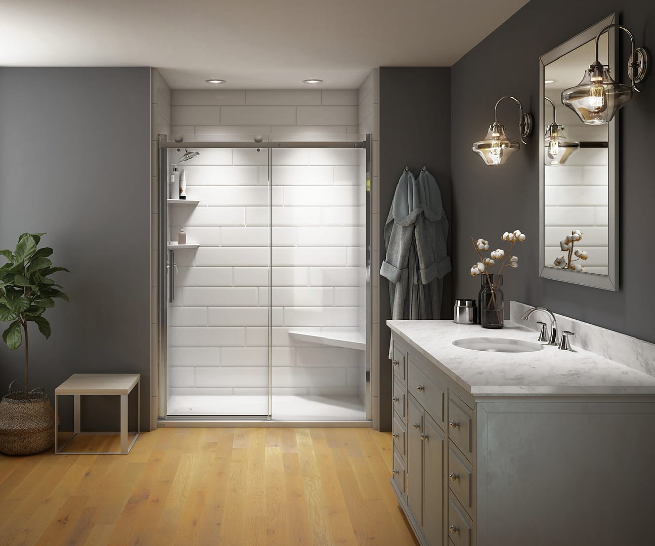 Walk-in shower with a brushed nickel shower fixture and sliding glass doors. Modern, classy white large subway tile walls.