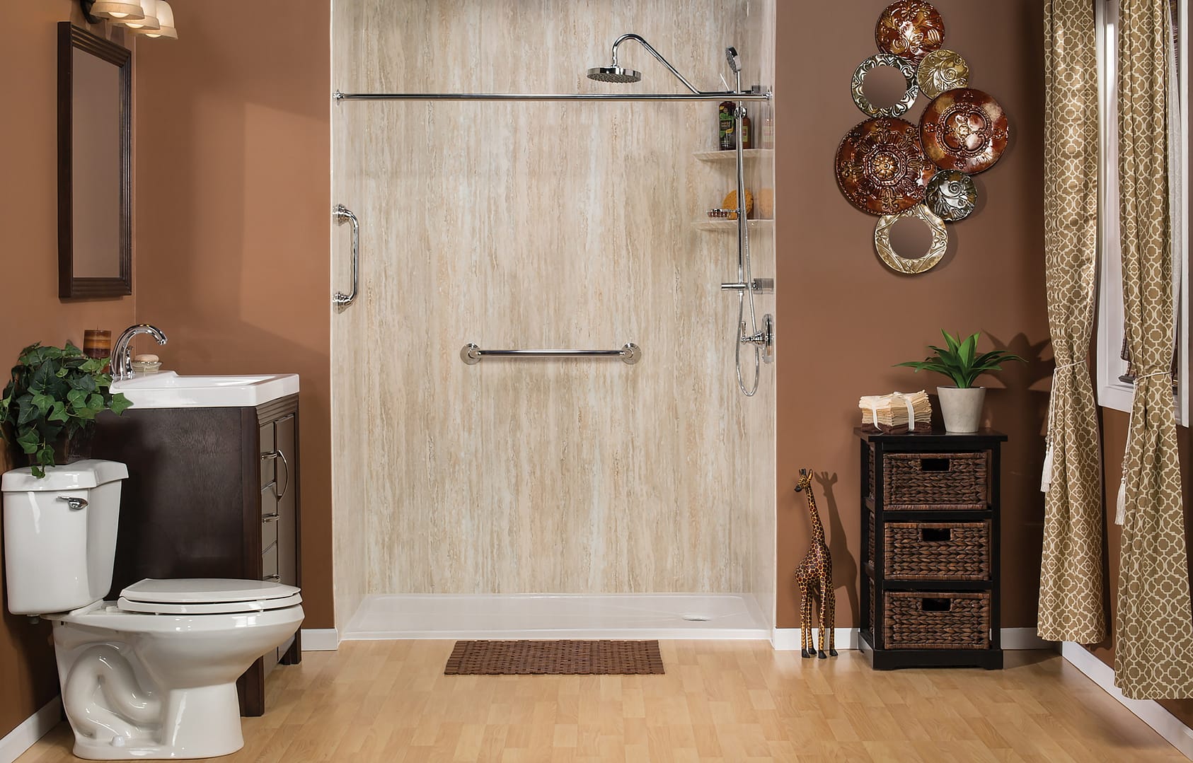 Walk-in shower with a brushed nickel shower fixture and grab bars. Safe, smooth tan marble color walls.