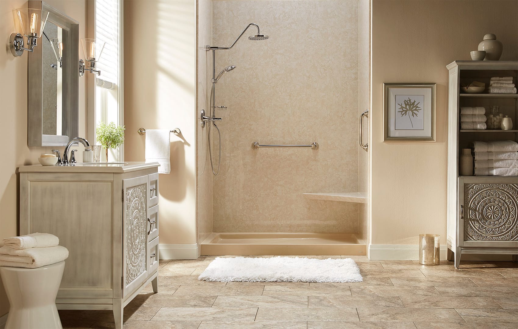 Walk-in shower with polished chrome shower fixture and grab bars. Safe, smooth tan marble color walls and shower seat in corner - built-in.